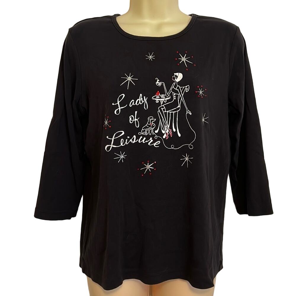 Nicole Miller Black Knit Top “Lady of Leisure “ embellished Dog Size Medium